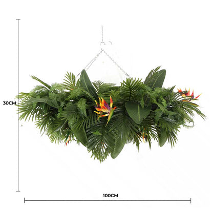 Artificial Hanging Plant Arrangement With Tropical Flowers in a Rectangular Arrangement 100cm x 30cm Mesh + Foliage - Image 2