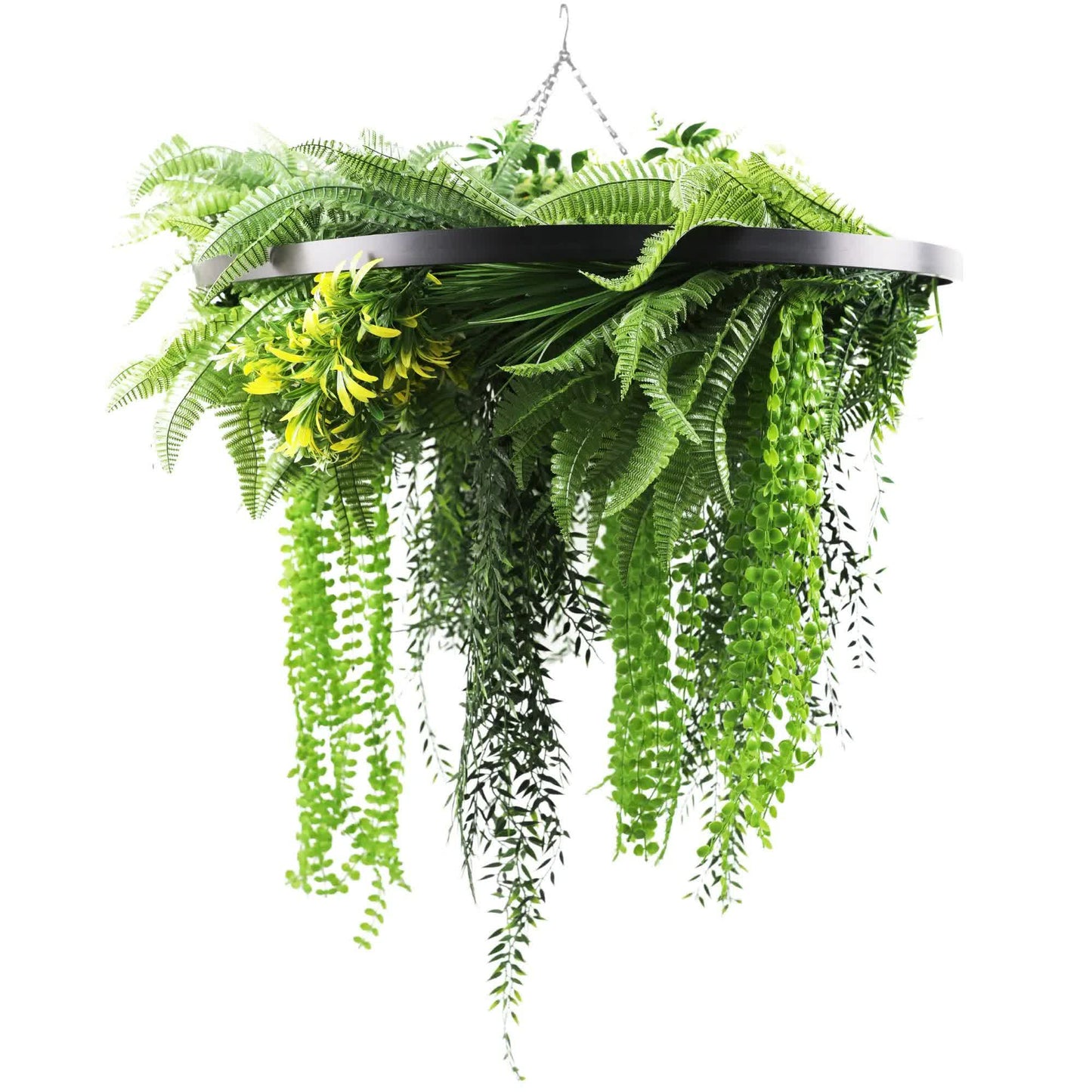 Black Framed Roof Hanging Disc With Draping Life-Like Ferns and Plants 80cm UV Resistant - Image 3