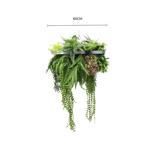 Black Framed Roof Hanging Disc With Tropical Foliage Mix and Draping Stems 60cm UV Resistant - Image 2
