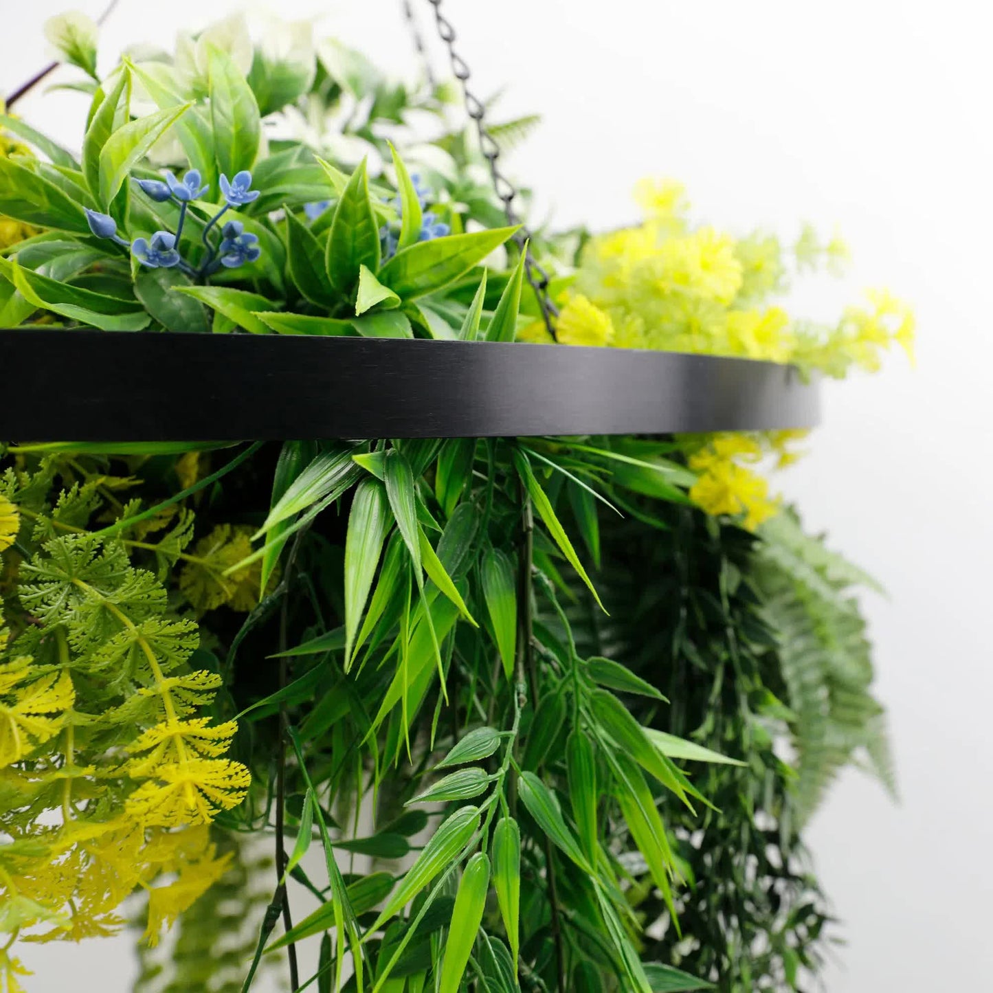 Black Framed Roof Hanging Disc With Tropical Foliage Mix and Draping Stems 60cm UV Resistant - Image 3