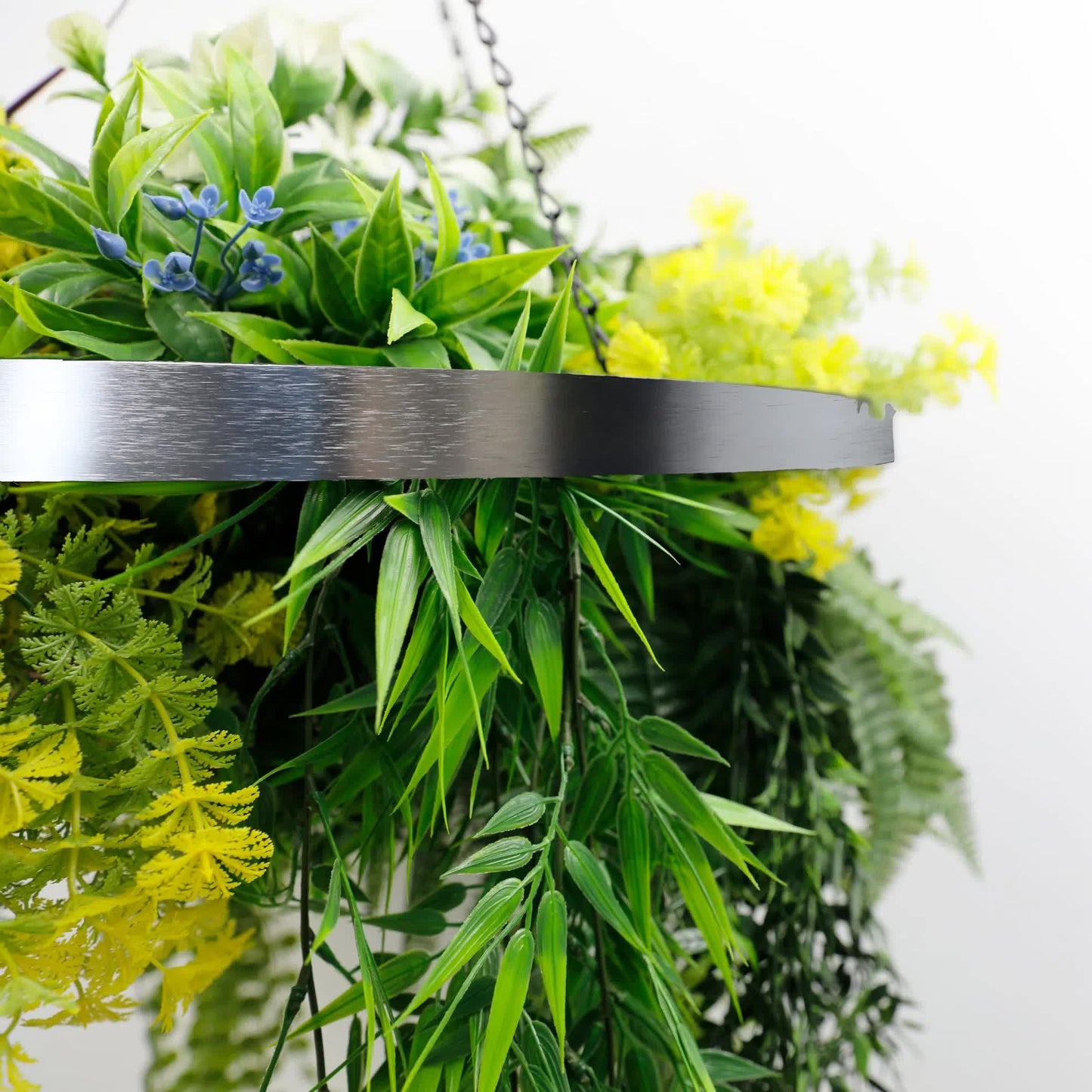 Silver Framed Roof Hanging Disc With Tropical Foliage Mix and Draping Stems 60cm UV Resistant - Image 3