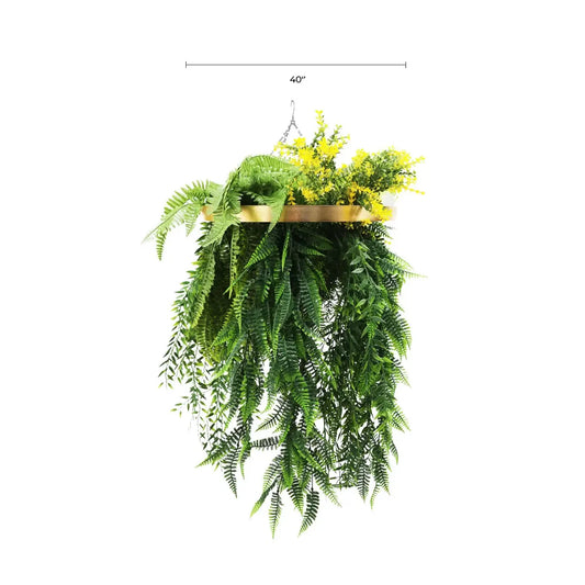 Gold Framed Roof Hanging Disc With Bright Tropical Foliage Mix and Draping Ferns 40cm UV Resistant - Image 2