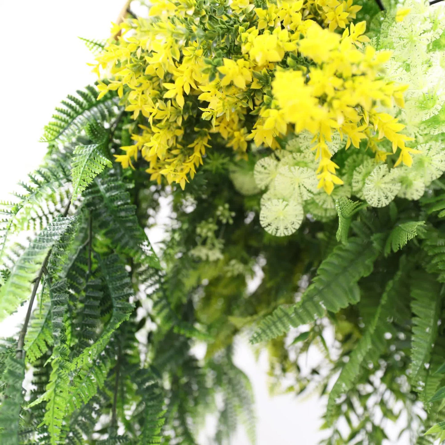 Gold Framed Roof Hanging Disc With Bright Tropical Foliage Mix and Draping Ferns 40cm UV Resistant - Image 4