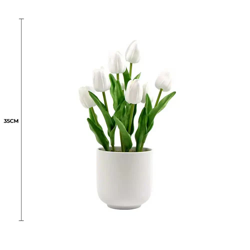 Flowering White Artificial Tulip Plant Arrangement With Ceramic Bowl 35cm - Image 2