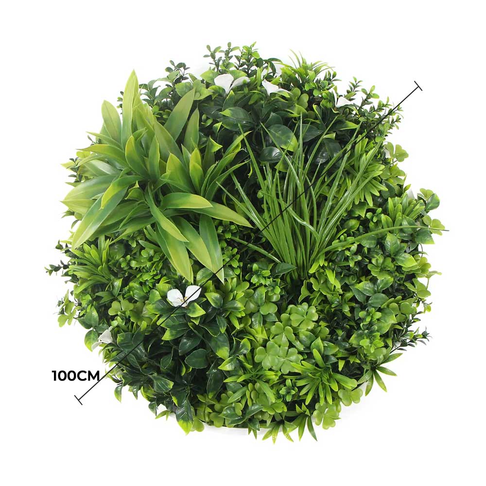 Slimline Flowering White Artificial Green Wall Disc UV Resistant 100cm (White Frame) - Image 2