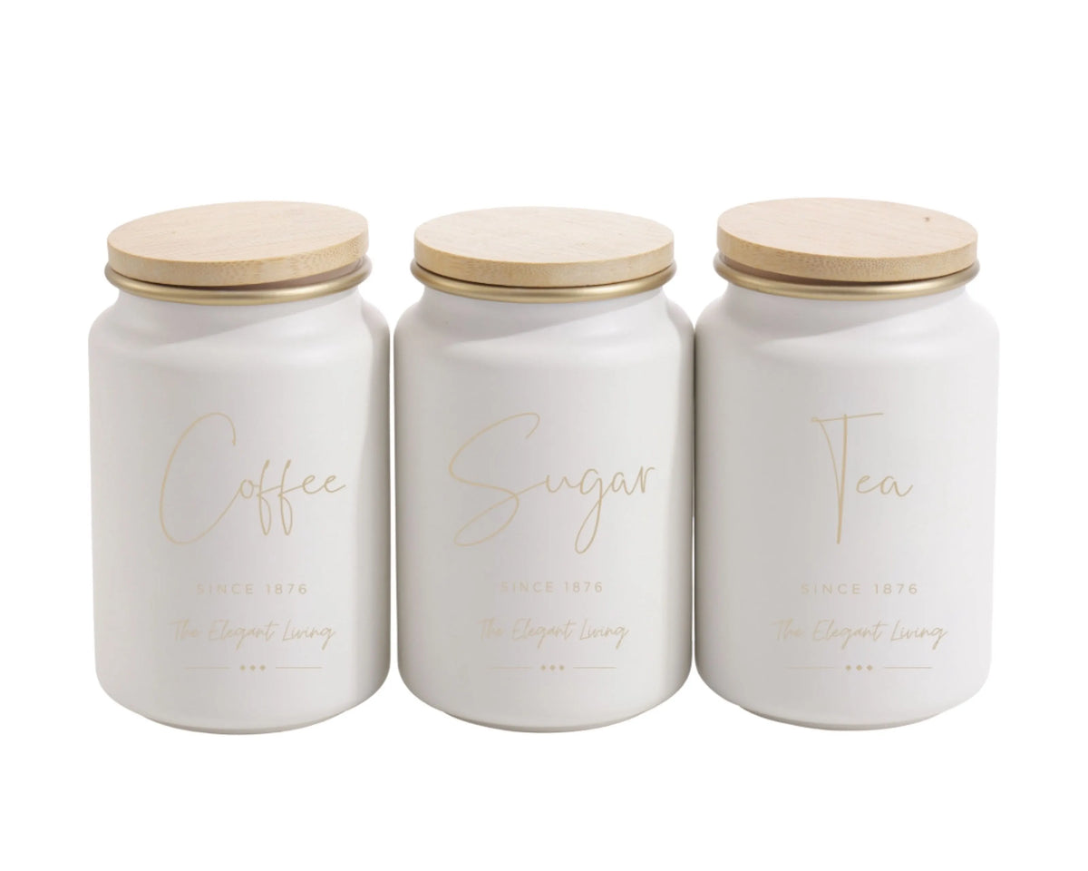 Set 3 Coffee Sugar Tea Canisters W/ Bamboo Lid 15cm