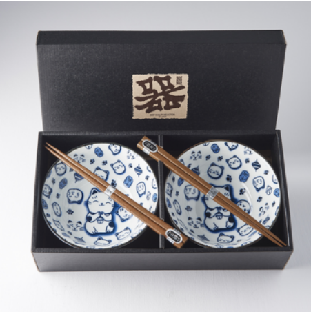 Bowl Set 2pcs with Chopsticks Maneki Cat Blue Design - Image 5