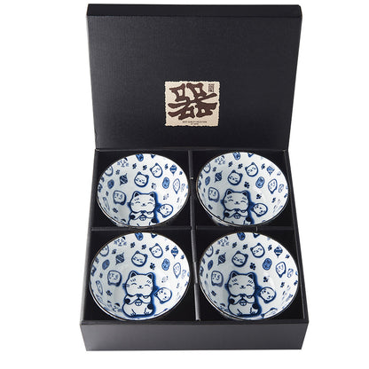 Bowl Set 4pcs Maneki Cat Blue Design - Image 3