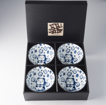 Bowl Set 4pcs Maneki Cat Blue Design - Image 5