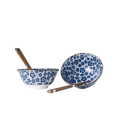 Bowl Set 2pcs with Chopsticks Blue Plum Design - Image 3