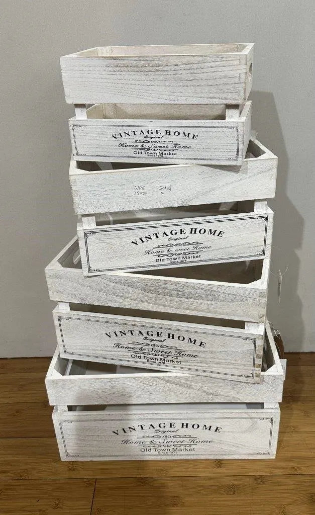 Set 4 Vintage Home Wood Crate White Wash 40x20cm - Image 2