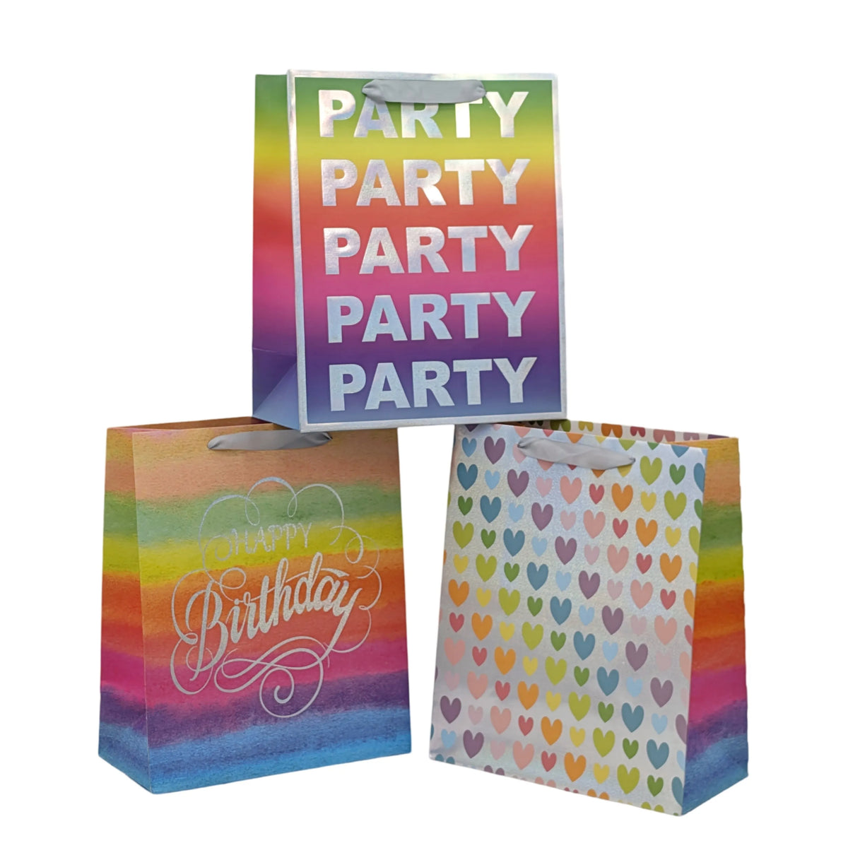 bulk 24 Large Rainbow Celebration Gift Bag 3 Assort 32cm