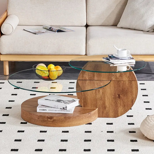 'MINORI' Double Layer Clear Tempered Glass Dark Wood Grain Coffee Table - Image 2