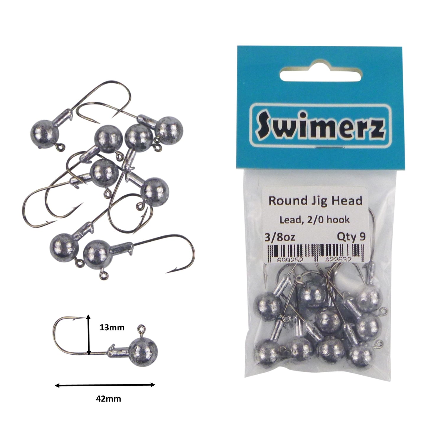 Swimerz Round Jig Head, 3/8 oz 2/0 Hook, 9 pack - Image 2
