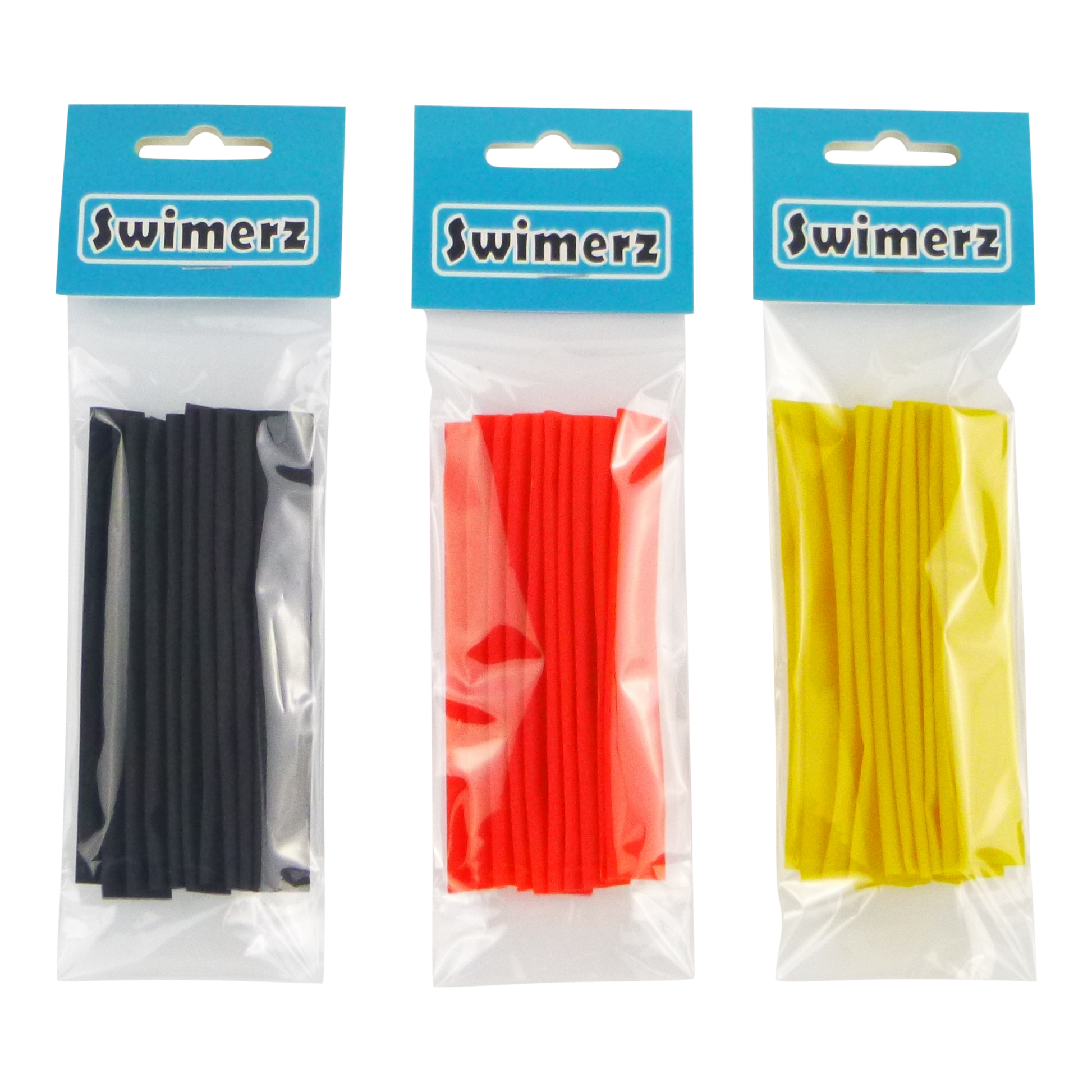 Swimerz Assist Hook Sleeves, 8/10mm Shrink Tube, Black, Yellow & Red, 100mm. Qty 30.