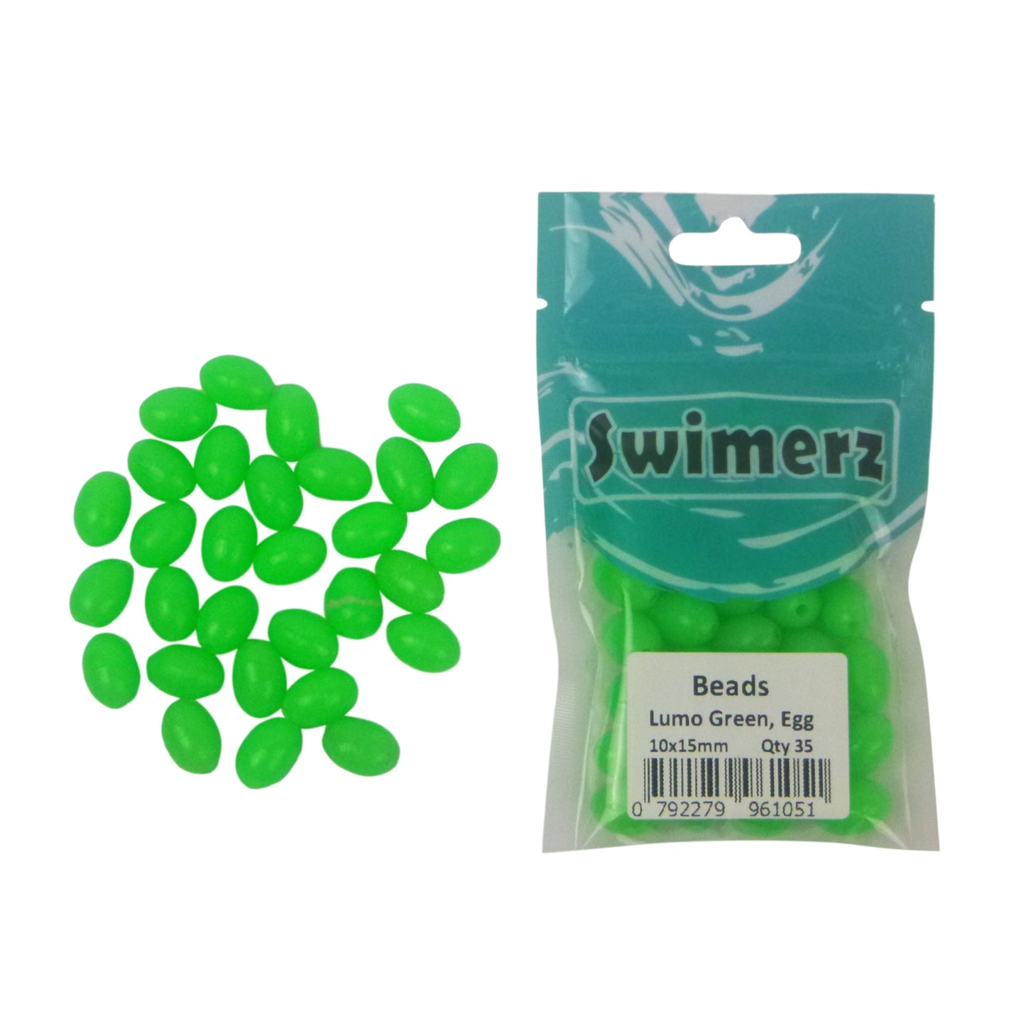 Swimerz Beads, 6.4mmWx8.3mmL, Lumo Green Egg, 50 pack - Image 2