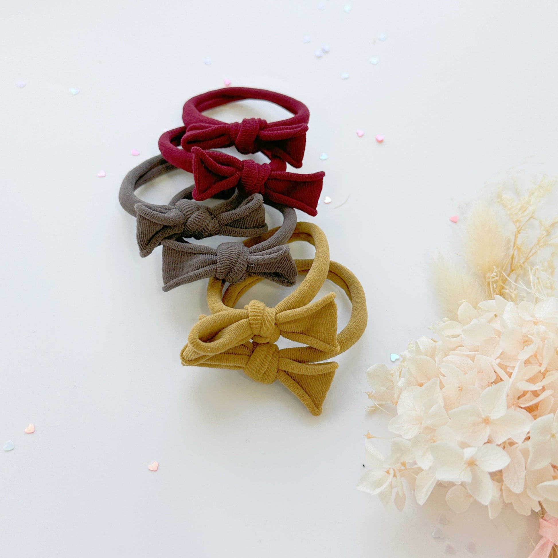 Handmade Simple Bow metal free hair ties -Mustard - 1 Pairs - Grey - Image 8