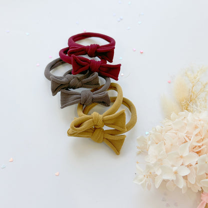 Handmade Simple Bow metal free hair ties -Mustard - 1 Pairs - Maroon - Image 8
