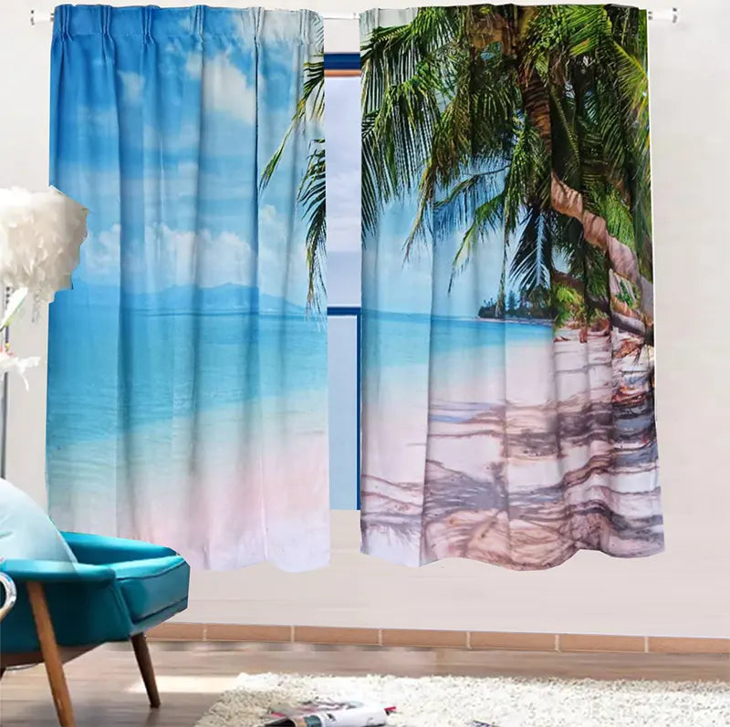 Sea View 3D Printing Blockout Curtains 2x127x160cm PINCH PLEAT Fabric Seascape