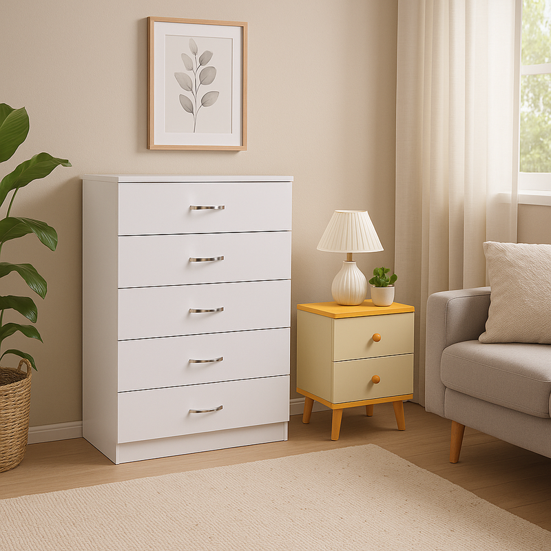 NNECN 5 Layer White Drawer Chest Storage with Bedside Table - Image 3
