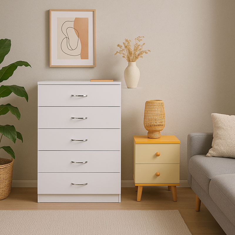NNECN 5 Layer White Drawer Chest Storage with Bedside Table - Image 4