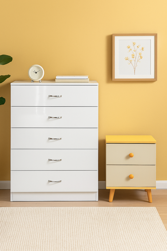 NNECN 5 Layer White Drawer Chest Storage with Bedside Table - Image 5