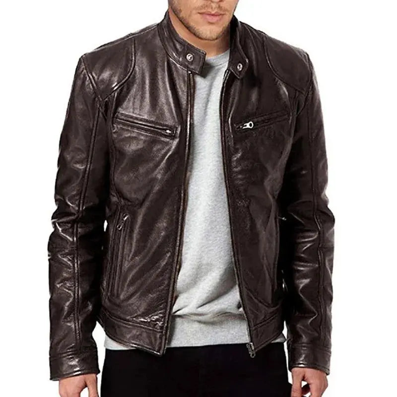 Men's PU Motorcycle Leather Jacket Slim Fit Zipper - Image 3