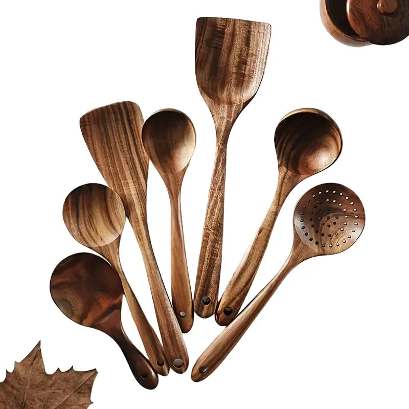 7-Piece Natural Teak Wooden Spoons for Cooking Set - Image 2