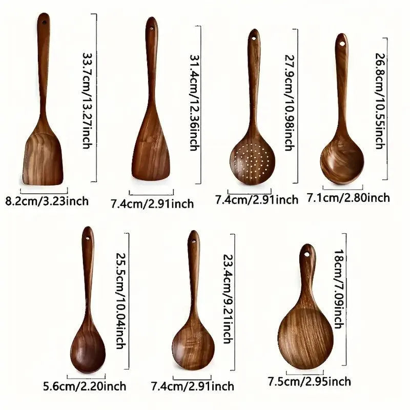 7-Piece Natural Teak Wooden Spoons for Cooking Set - Image 3