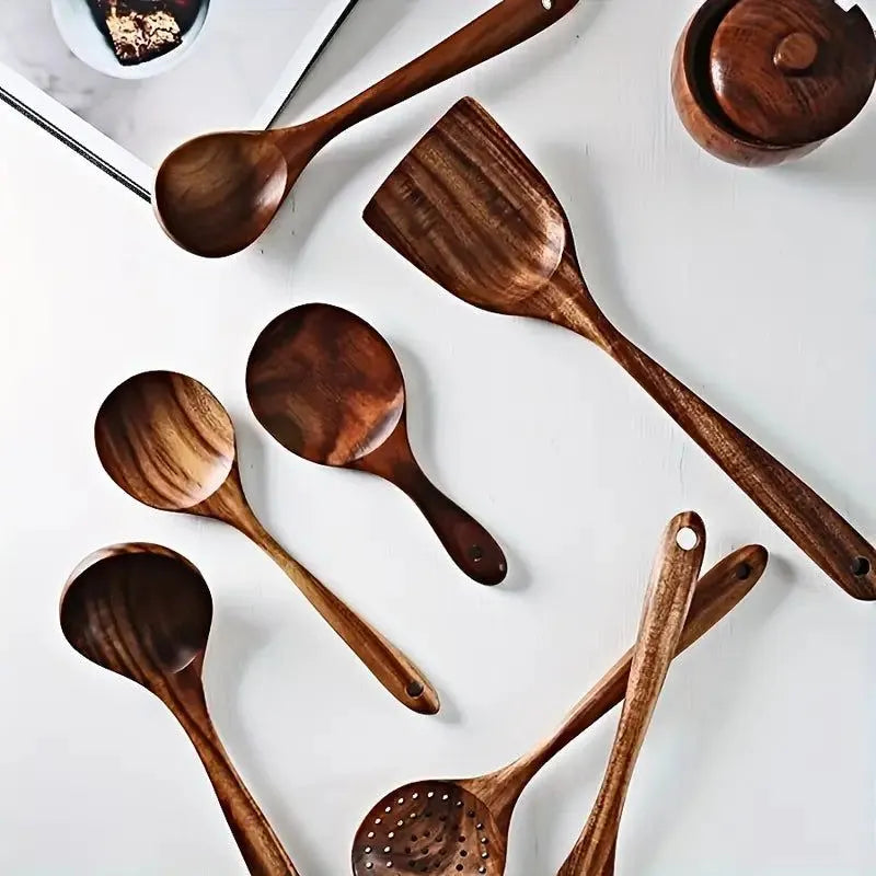 7-Piece Natural Teak Wooden Spoons for Cooking Set - Image 4