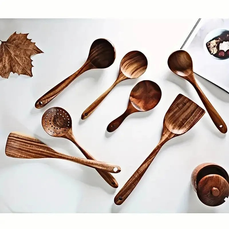 7-Piece Natural Teak Wooden Spoons for Cooking Set - Image 5