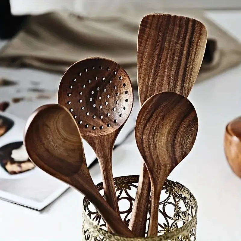 7-Piece Natural Teak Wooden Spoons for Cooking Set - Image 6