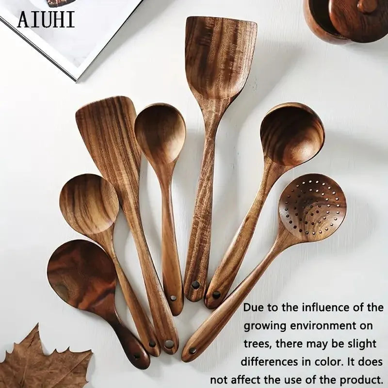 7-Piece Natural Teak Wooden Spoons for Cooking Set - Image 7
