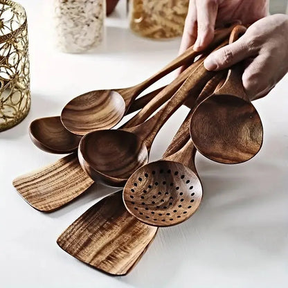 7-Piece Natural Teak Wooden Spoons for Cooking Set - Image 8