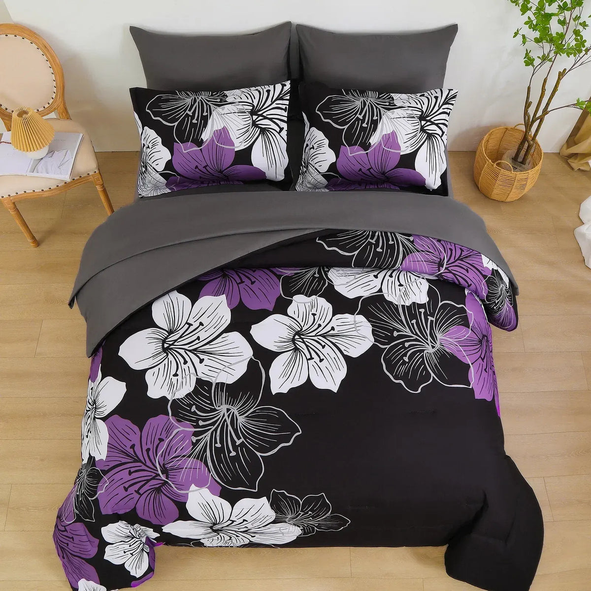 Black Purple Hibiscus Bloom Comforter Quilted Doona Set - Image 2