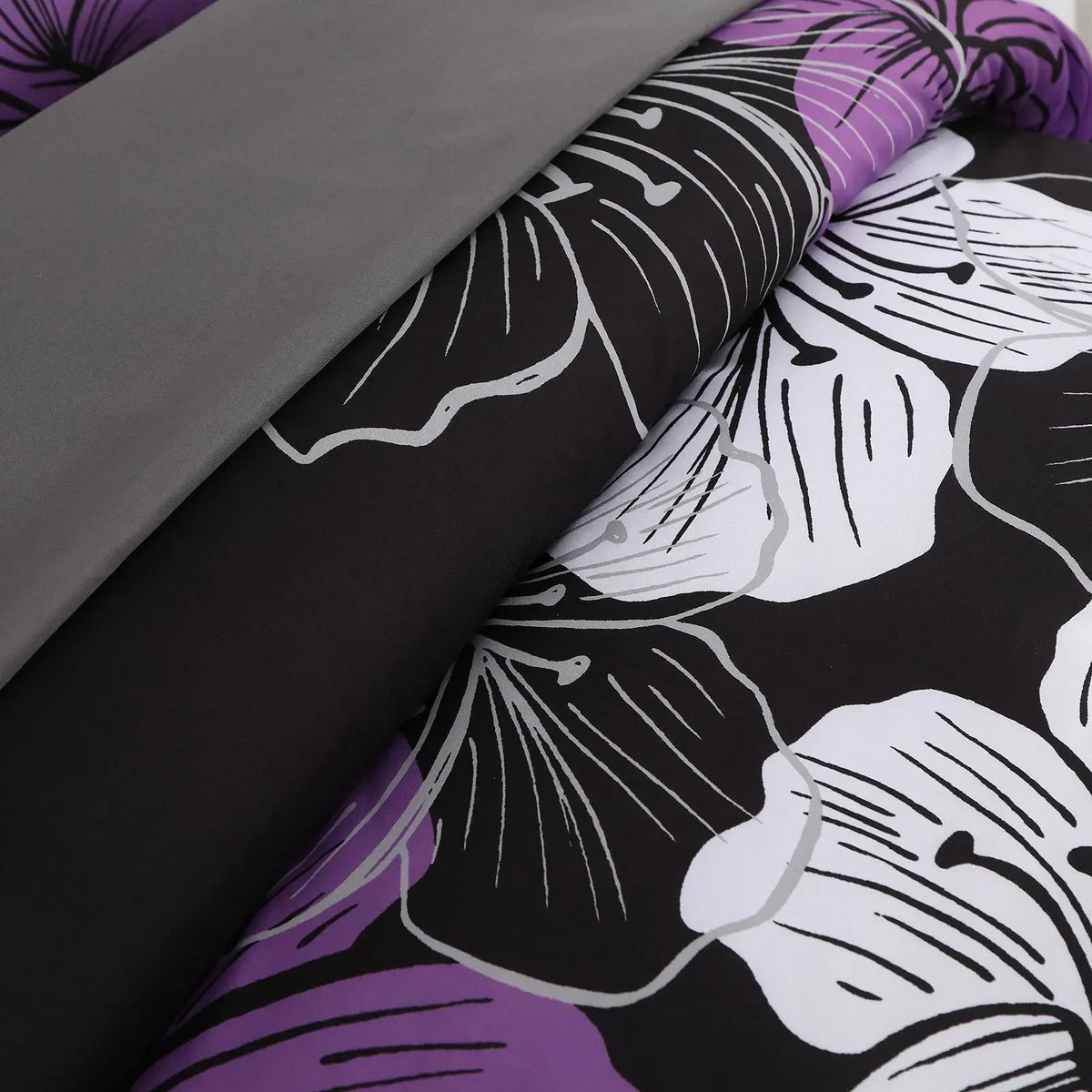 Black Purple Hibiscus Bloom Comforter Quilted Doona Set - Image 5