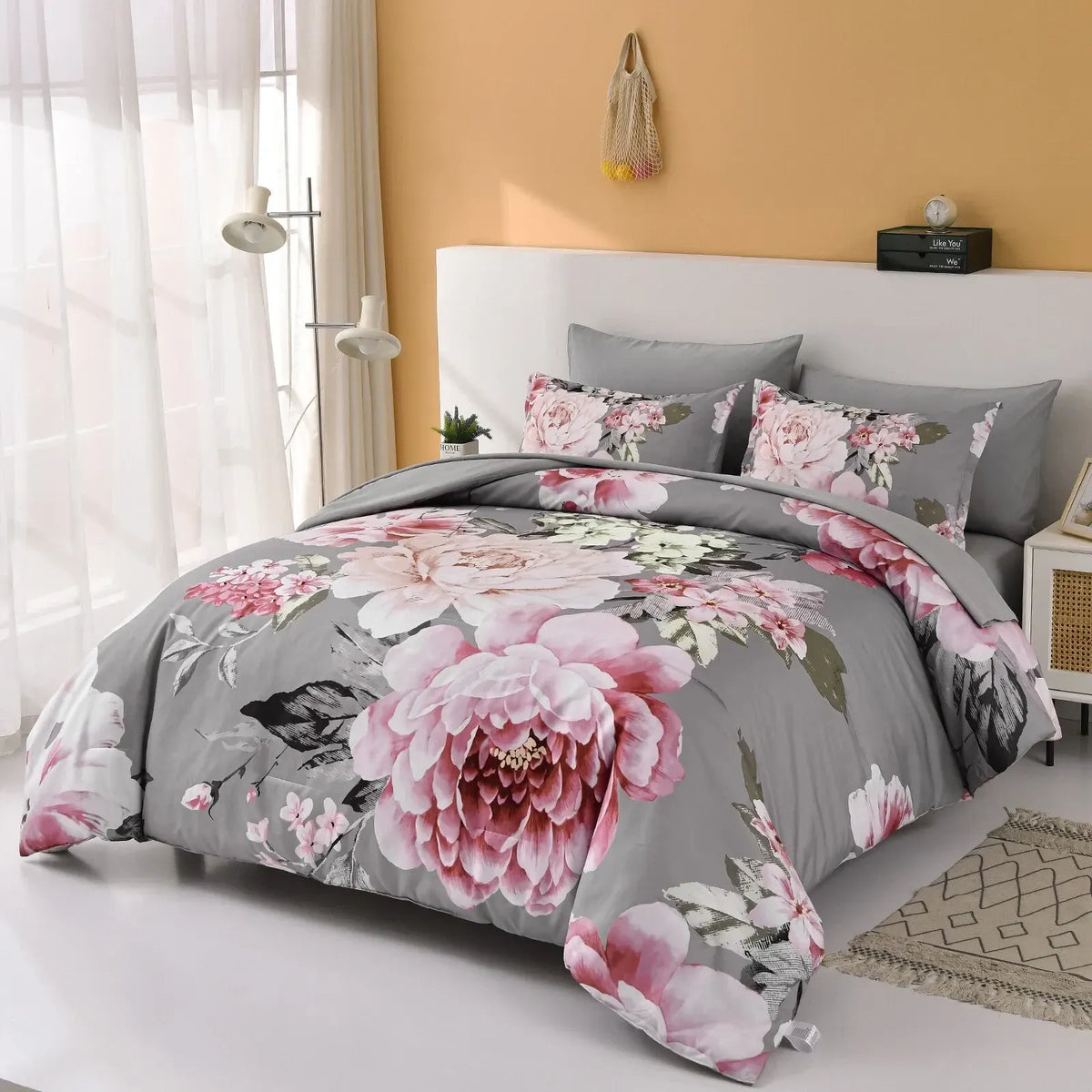 Grey Blush Peony Garden Comforter Quilted Doona Set - Image 2