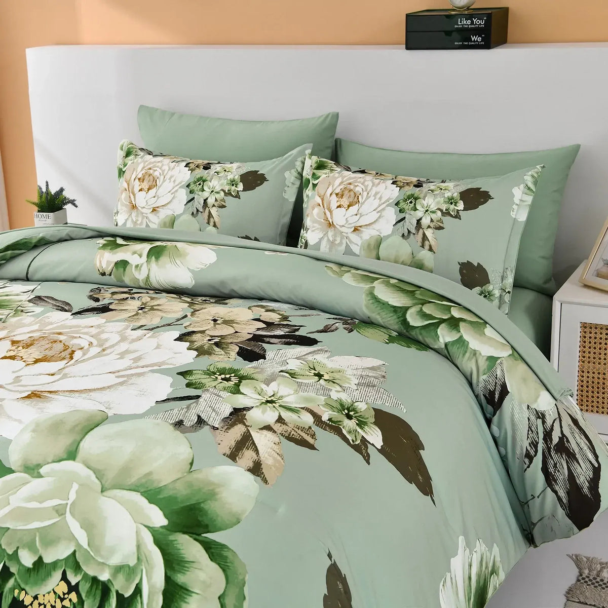 Sage Green Peony Botanica Comforter Quilted Doona Set - Image 4