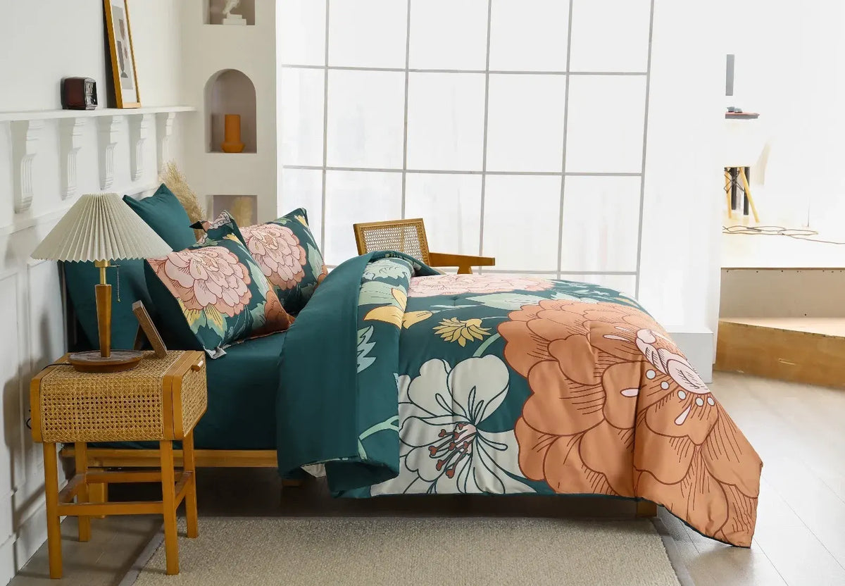 Teal Terracotta Dahlia Bloom Comforter Quilted Doona Set - Image 3
