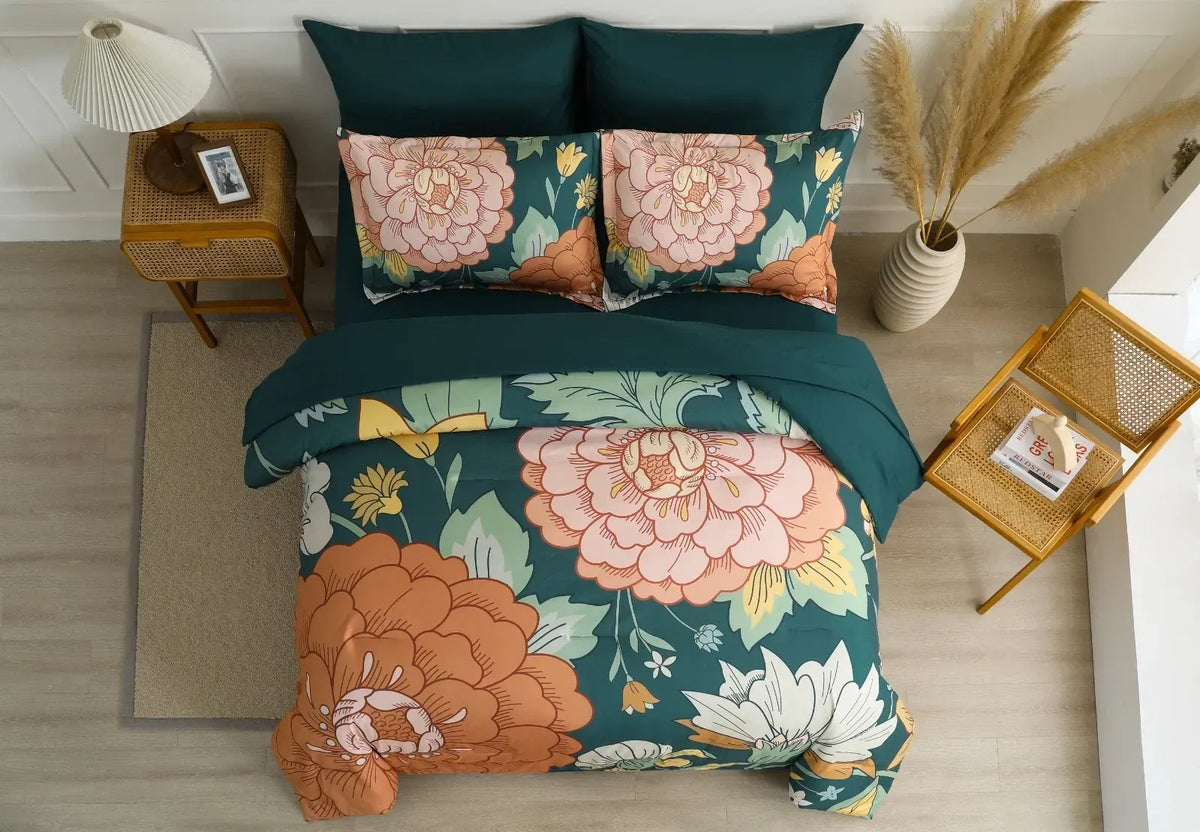 Teal Terracotta Dahlia Bloom Comforter Quilted Doona Set - Image 4