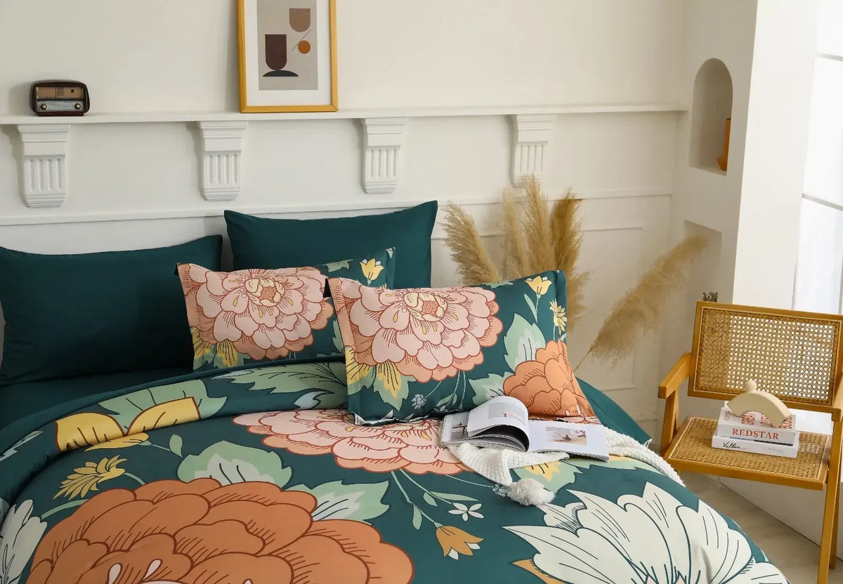 Teal Terracotta Dahlia Bloom Comforter Quilted Doona Set - Image 6