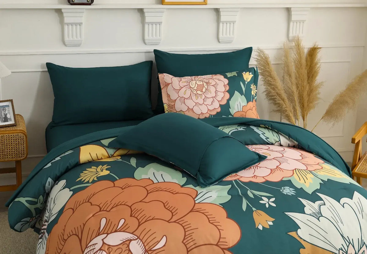 Teal Terracotta Dahlia Bloom Comforter Quilted Doona Set - Image 7