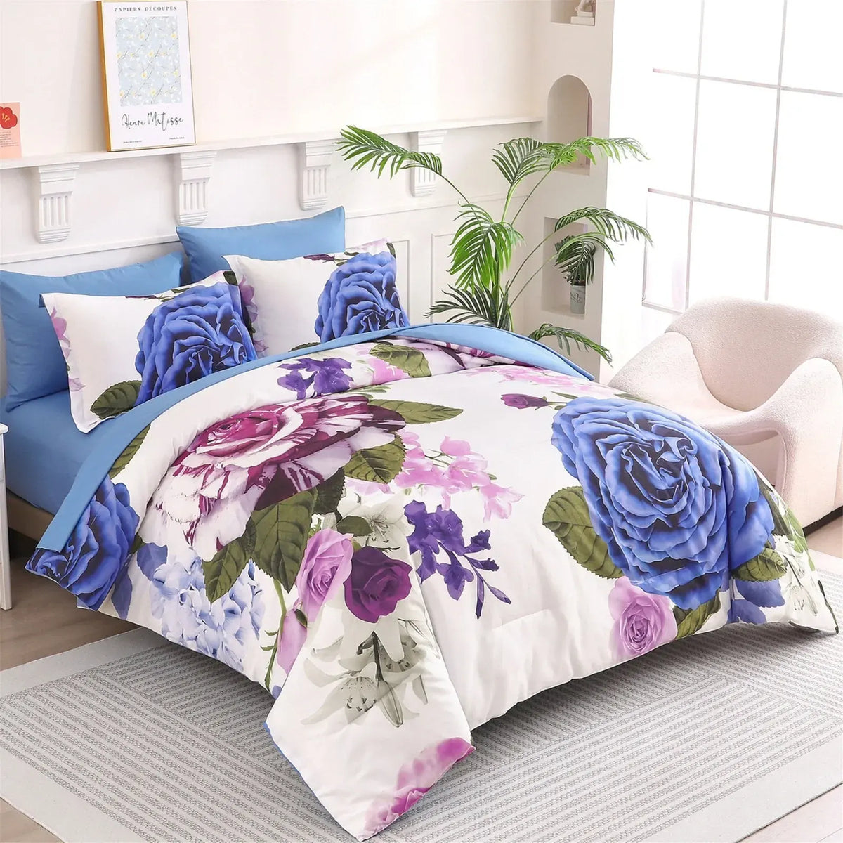 Blue Violet Rose Bloom Comforter Quilted Doona Set - Image 3