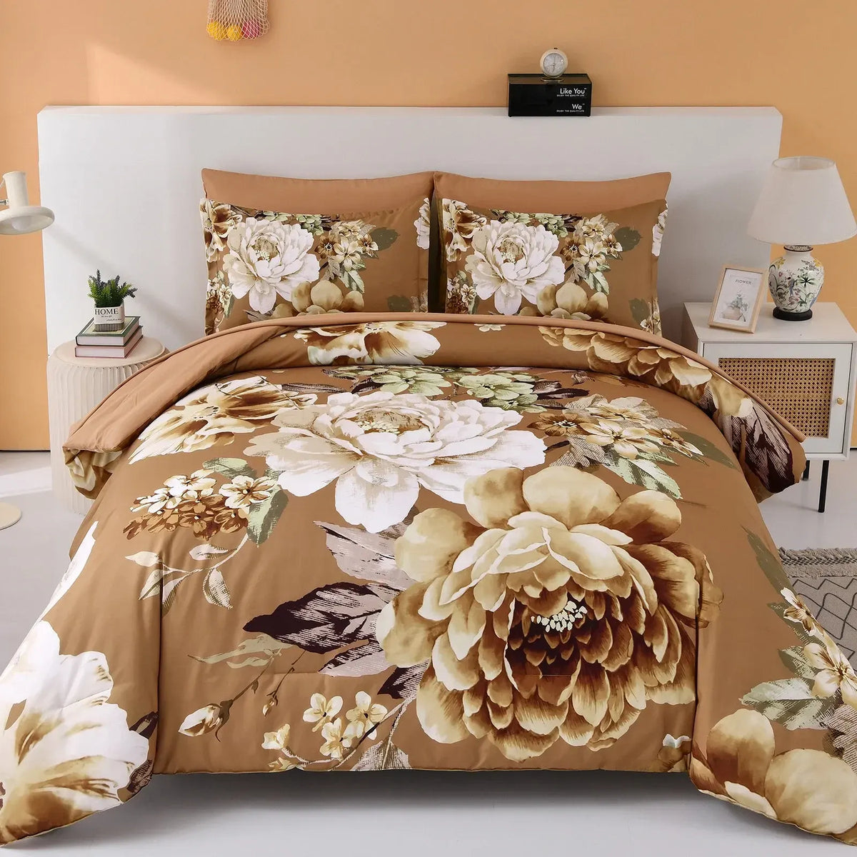 Golden Bloom Majesty Caramel Blossom 3 Piece Comforter Set