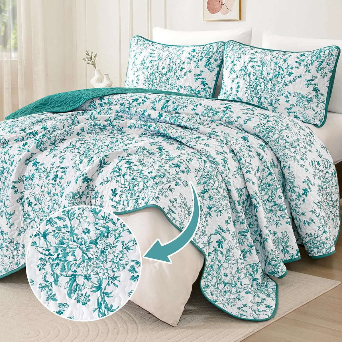 Blue Green Botanical Serenity Coverlet Bedspread Set - Image 2