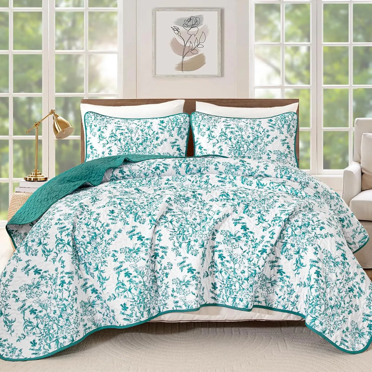 Blue Green Botanical Serenity Coverlet Bedspread Set - Image 9