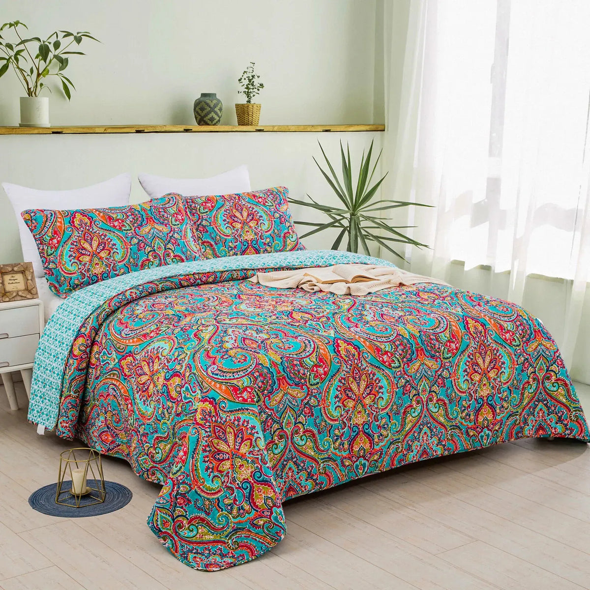 Teal Coral Paisley Mosaic Bedspread Coverlet 3 Piece Set
