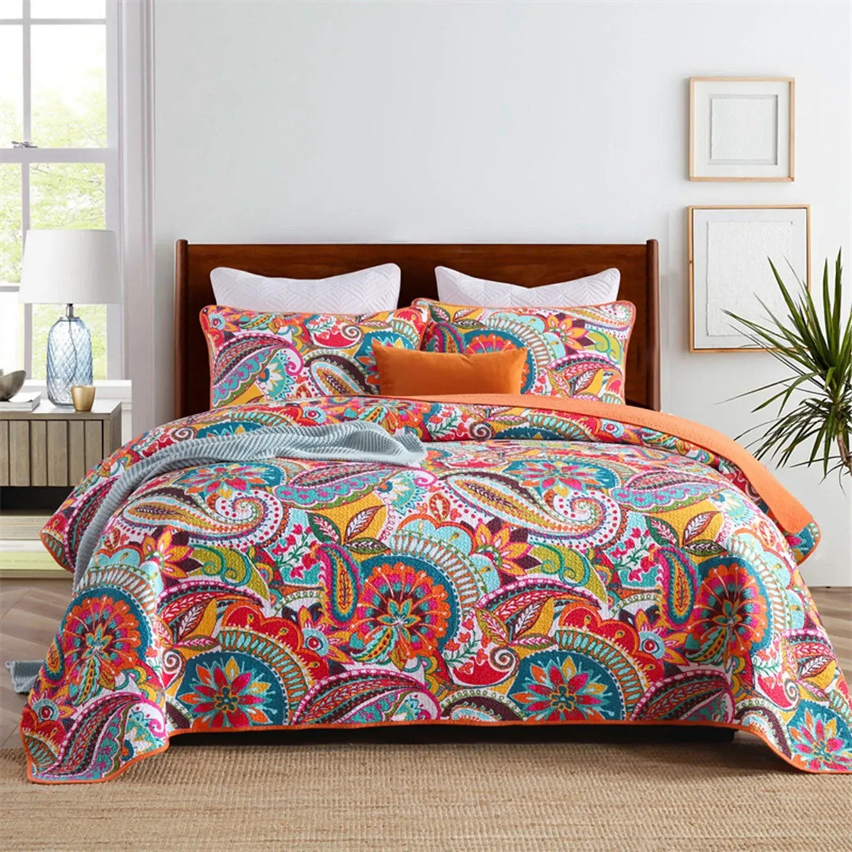 Coral Rainbow Paisley Bedspread Coverlet 3 Piece Set