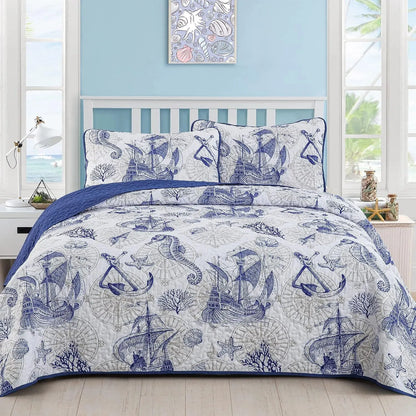Oceanic Seahorse Haven reversible 3 Piece Bed spread Set