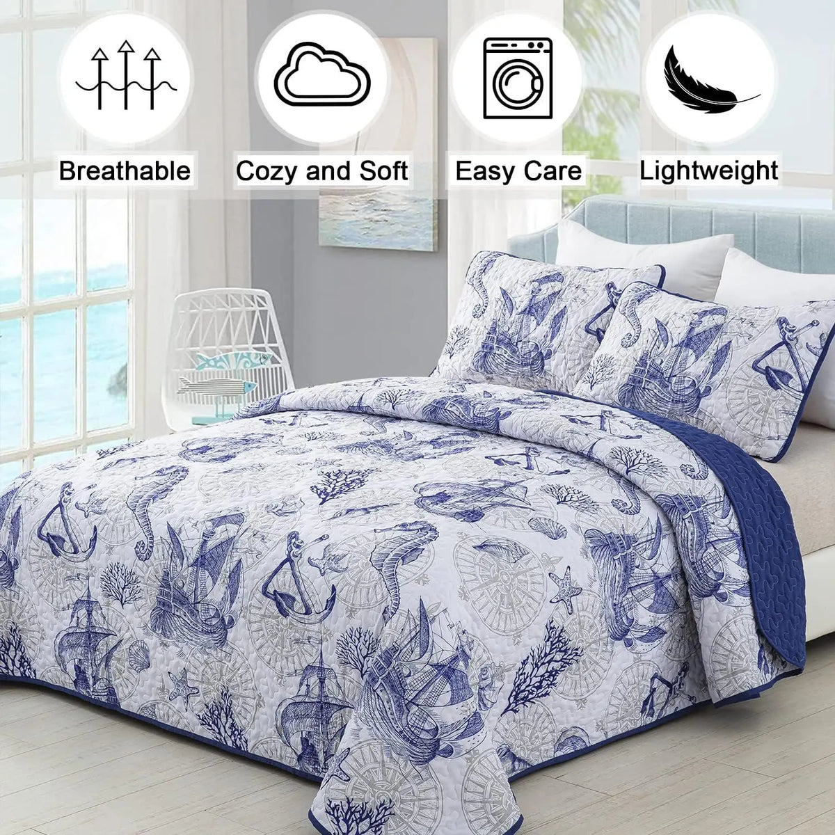 Oceanic Seahorse Haven reversible 3 Piece Bed spread Set - Image 2